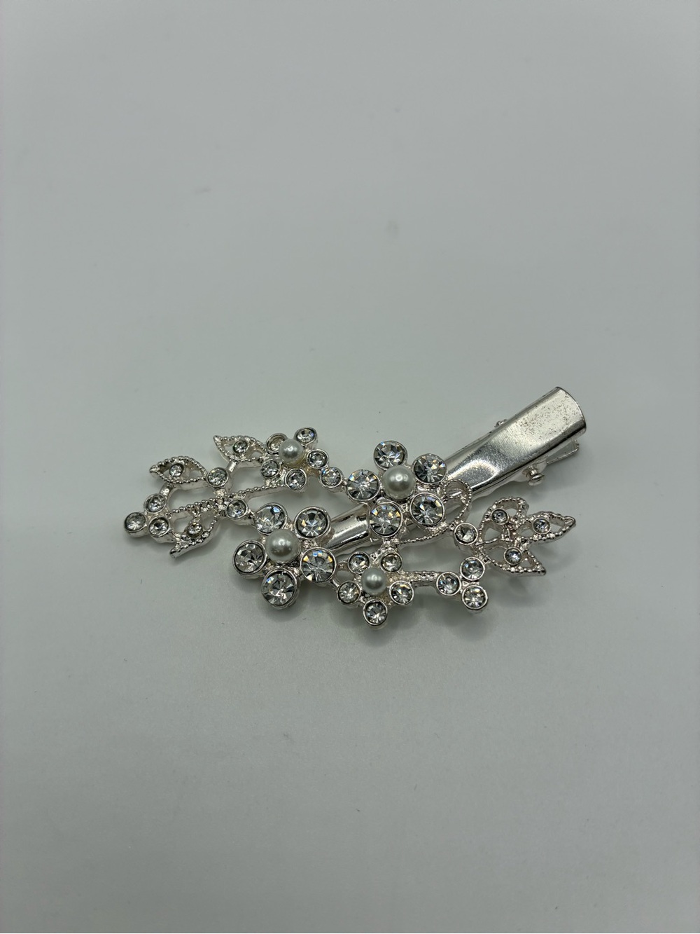Silver Crystal & Pearl Floral Hair Clip for Women
